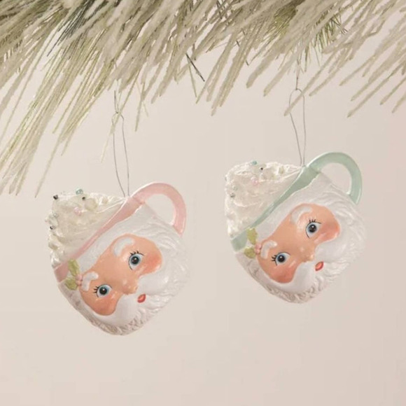 New Set of 2 Ornaments Bethany Lowe Pastel Santa Head Mug Ornament Set Christmas